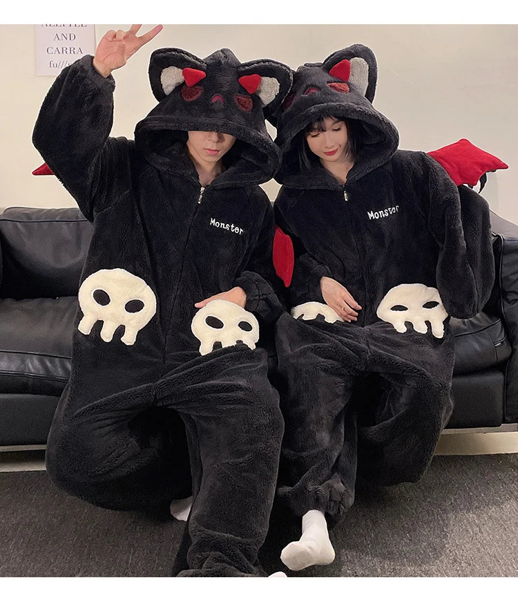 DAIMELU hooded male pajamas set men's cartoon winter thickened coral fleece flannel boy one-piece loungewear suit sleepwear