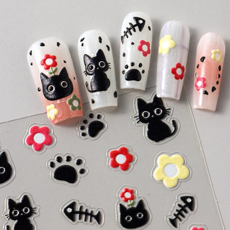 Cute Black Cat Nail Stickers Decals 5D Embossed Kawaii Cat Flowers Star Nail Art Decoration Cute Cartoon Sliders Summer Manicure