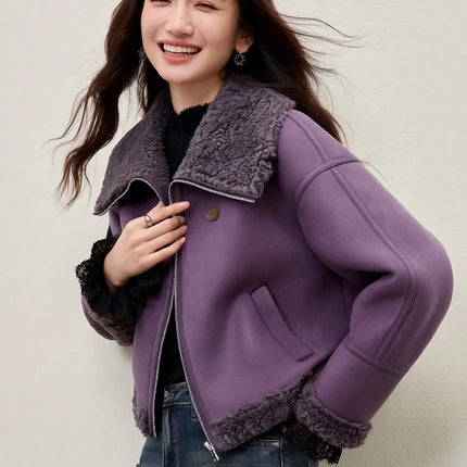 SENTUBILA Women's Faux Suede Coat Plush Lapel Zipper Faux Leather Cropped Jacket 2026 Winter Retro Ladies Outerwear W54PD5913
