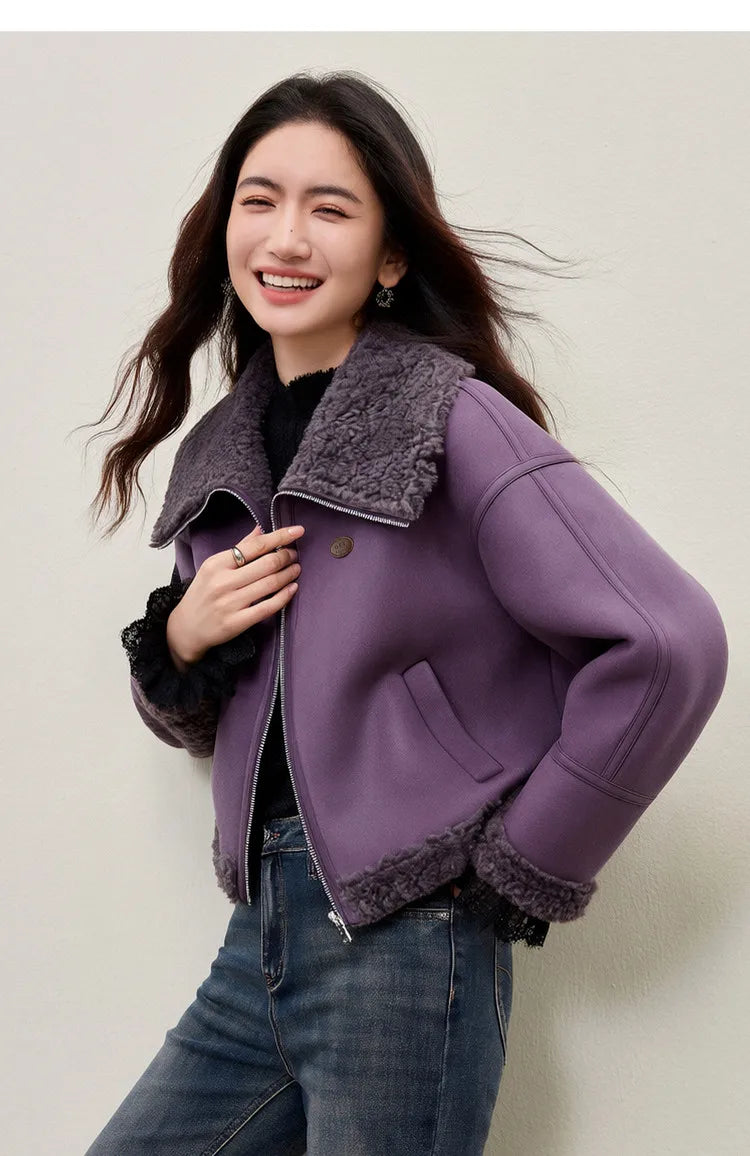 SENTUBILA Women's Faux Suede Coat Plush Lapel Zipper Faux Leather Cropped Jacket 2026 Winter Retro Ladies Outerwear W54PD5913