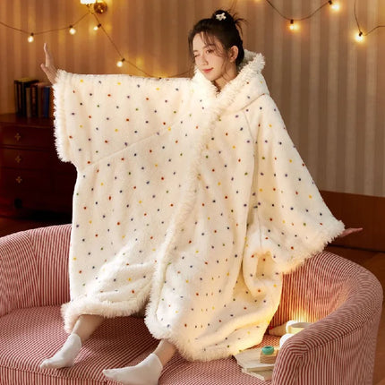 New Cute Blanket Hooded Cloak Coral Velvet Pajamas Women's Autumn Winter Thickened Robe Blanket Multifunctional Thermal Products