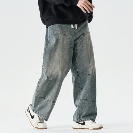 Jeans da Uomo Primavera 2026, Pantaloni in Denim Vintage con Vita Elastica, Jeans Neri da Uomo, Stile Harajuku Hip Hop, Pantaloni Larghi in Cotone Oversize