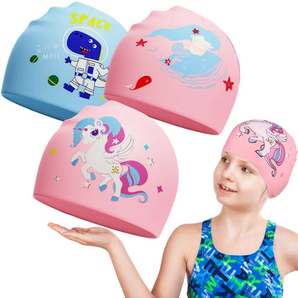 Children's Swim Cap Cute Cartoon Elastic Silicone for Boys and Girls Swimming Equipment Waterproof Swim Cap for Long Hair Ear Protection