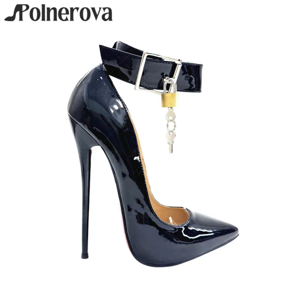 16cm Lock Pumps Sexy Pointed Stilettos Ankle Buckle Patent Leather High Heels Designer Metallic Lock Belt Buckle Lacquered Heels - PlatiNum