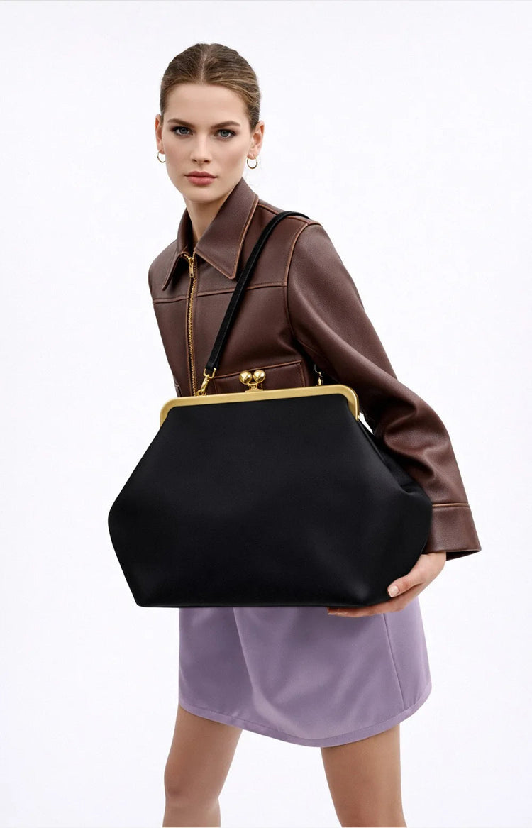 Fashion Large Kisslock Clutch Bag for Women Designer Clip Shell Women Shoulder Bags Luxury Soft Pu Leather Pink Color Handbags PlatiNum