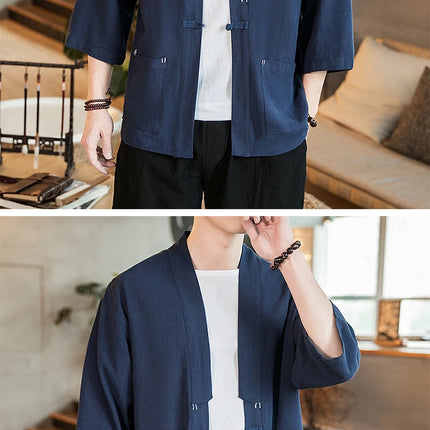 Kimono Camicia da uomo Samurai giapponese Cardigan tinta unita retrò Stile cinese Cotone Lino Yukata Haori Cappotto da uomo allentato Streetwear