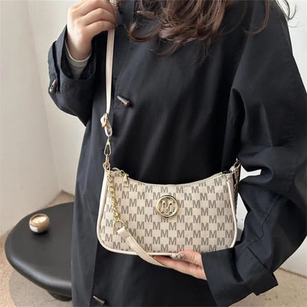 Vintage Style Handbag Crossbody Bag, Gold Letter 'M' Design Pu Leather Shoulder Messenger Bag, Synthetic Leather Tote Bag, Purse PlatiNum