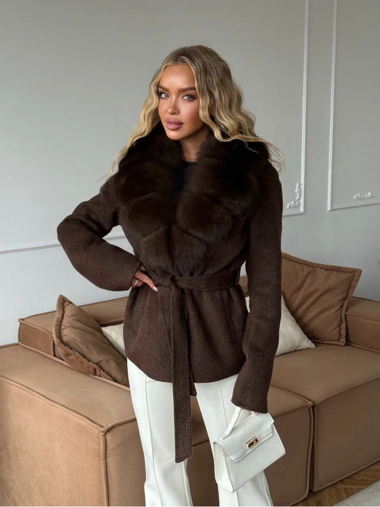 Solid Color Big Fur Collar Tied Woolen Jacket Fashion Waist Cinching Long Sleeved Short Coat 2026 Autumn Street Daily Clothing