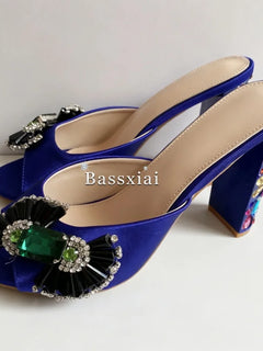 Sandali con tacco alto da donna estivi in seta blu con strass colorati e decorazioni a nodo a farfalla in cristallo per ragazze