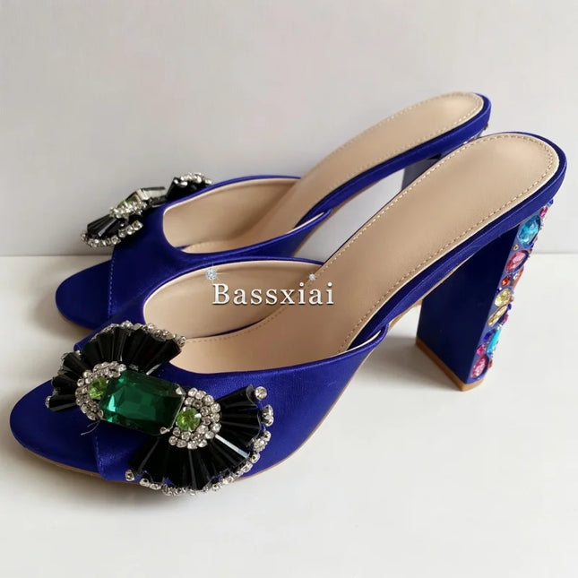 Women's Summer Blue Silk High Heel Sandals with Colorful Rhinestones and Crystal Butterfly Knot Decorations for Girls
