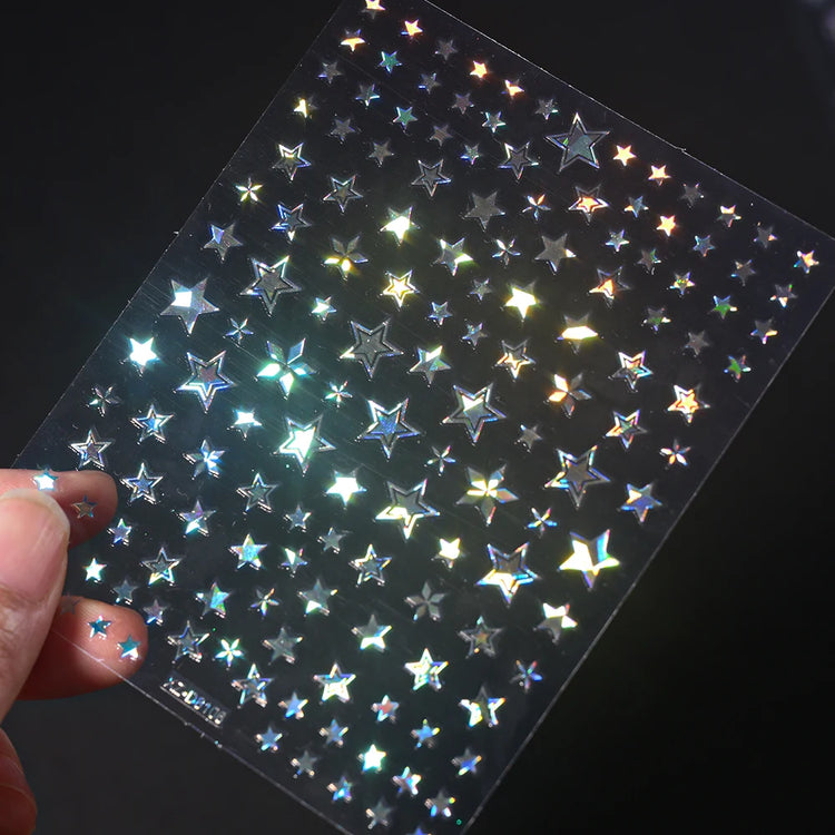 12Pcs 3D Laser Silver Star Ribbon Nail Stickers Y2K Stars Moon Sun Self-Adhesive Slider Exquisite Flower Leaf DIY Manicure Decal
