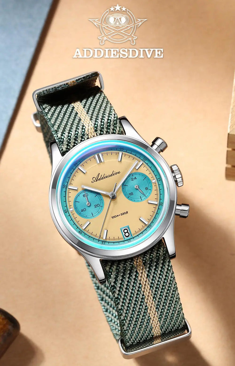 ADDIESDIVE NEW Men's Watches VK64 Movement Quartz Wristwatch Waterproof 100m Chronograph AR Coating 38mm Luxury Watch Man AD2095