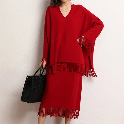 New Straight A-line Skirt Women's 100% Cashmere knitwear Spring Autumn Casual Loose Tassels Soft High Waist Mid Length Skirt PlatiNum