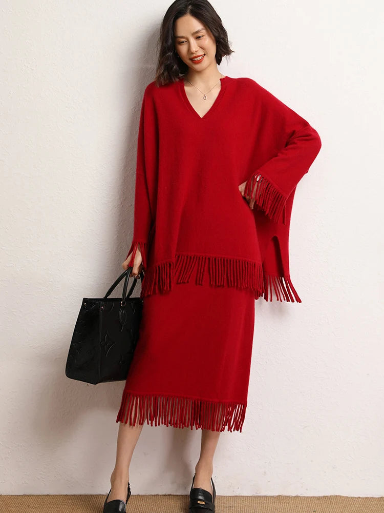 New Straight A-line Skirt Women's 100% Cashmere knitwear Spring Autumn Casual Loose Tassels Soft High Waist Mid Length Skirt PlatiNum