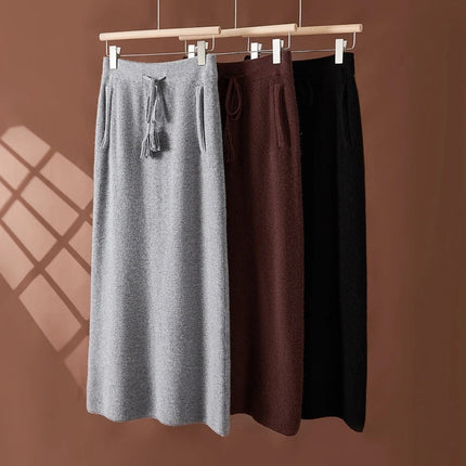 Women's 100% Cashmere Elastic Waist Mid-Length Midi Skirt Autumn Winter Casual Versatile Knitwear Bottoms Casual Fashion Skirt PlatiNum