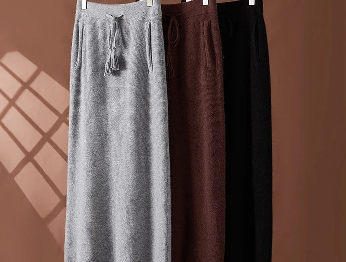Women's 100% Cashmere Elastic Waist Mid-Length Midi Skirt Autumn Winter Casual Versatile Knitwear Bottoms Casual Fashion Skirt PlatiNum