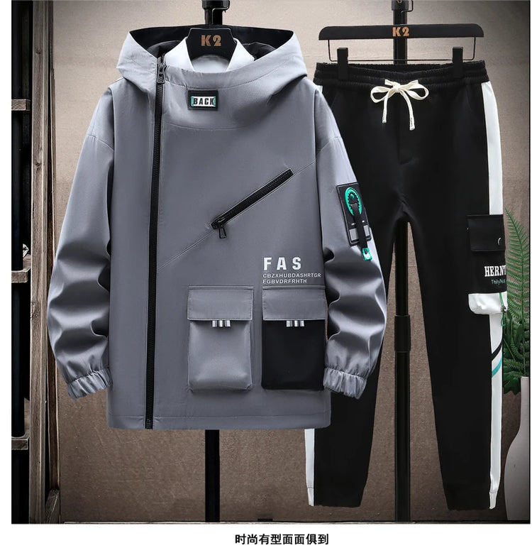 Autumn Men Tracksuit Casual Spring Sportswear Hooded patchwork Jackets Pants 2 Piece Sets Hip Hop Running Sports Suit