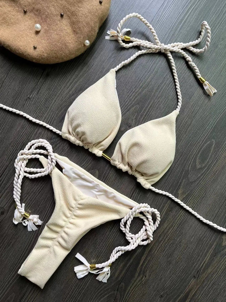 Costume da bagno bikini sexy con laccetti intrecciati, due pezzi, triangolare, stile brasiliano. platinumshop