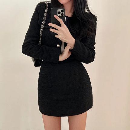 Women Tweed 2 Two Piece Sets Long Sleeve Pearl Buttons Short Jacket and A-line Mini Skirt Set Fall Winter Women Outfits