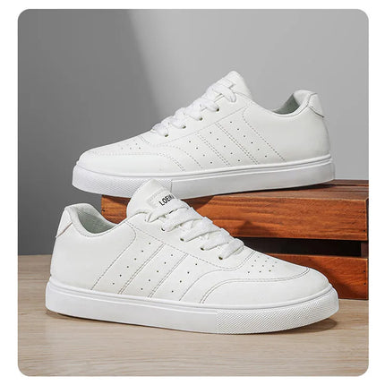 Men Classic Leather Skate Shoes Lace Up Flat Casual Sneakers Non Slip Daily Walking Footwear Black White 2 Colors