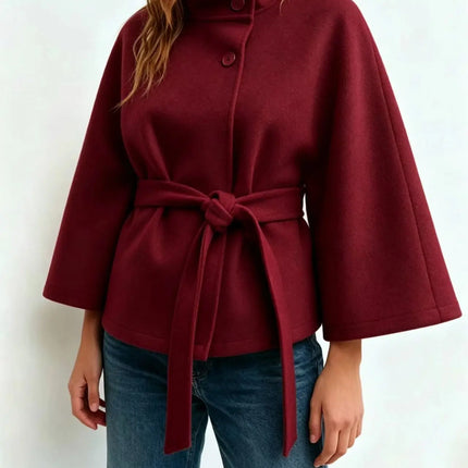 Women's Cape Coat Elegant Stand Collar Belted Solid Color Button Down Autumn Winter Jacket