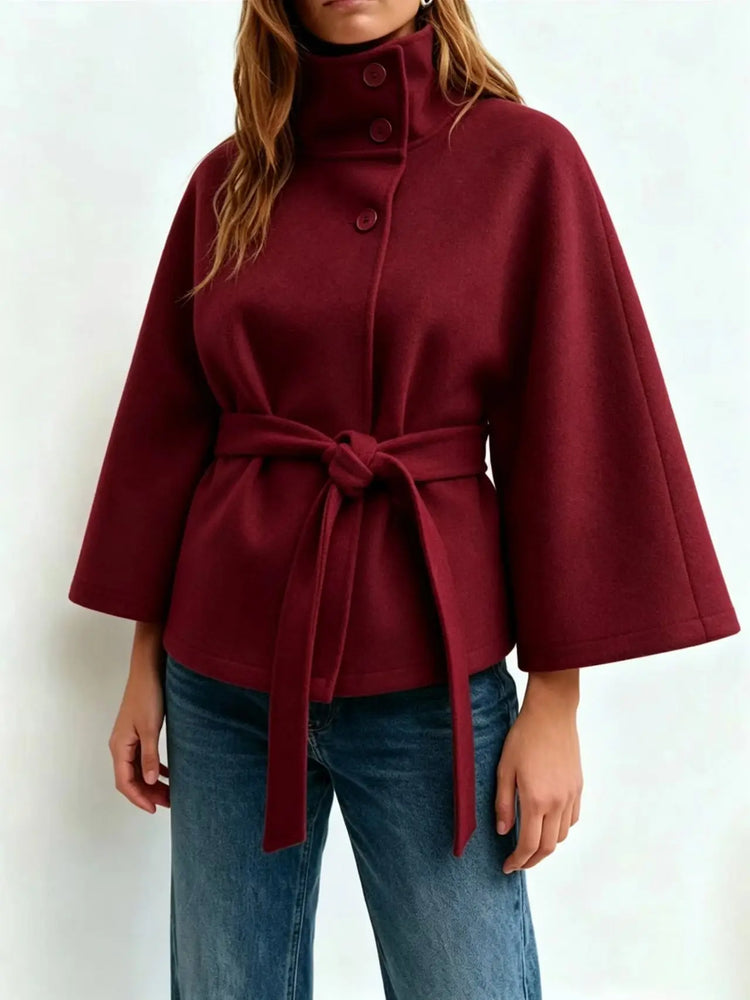 Women's Cape Coat Elegant Stand Collar Belted Solid Color Button Down Autumn Winter Jacket