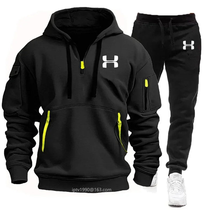 Men new autumn and winter multi-pocket zipper long-sleeved hoodie + sports and leisure pants two-piece fitness jogging suit PlatiNum