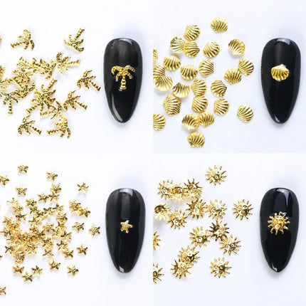 12 Grids Gold Nail Art Alloy Studs Seaside 3D Decorations Sea Shell Star Nail Charm Metal Frame Rivets Nail Sequin Accessories
