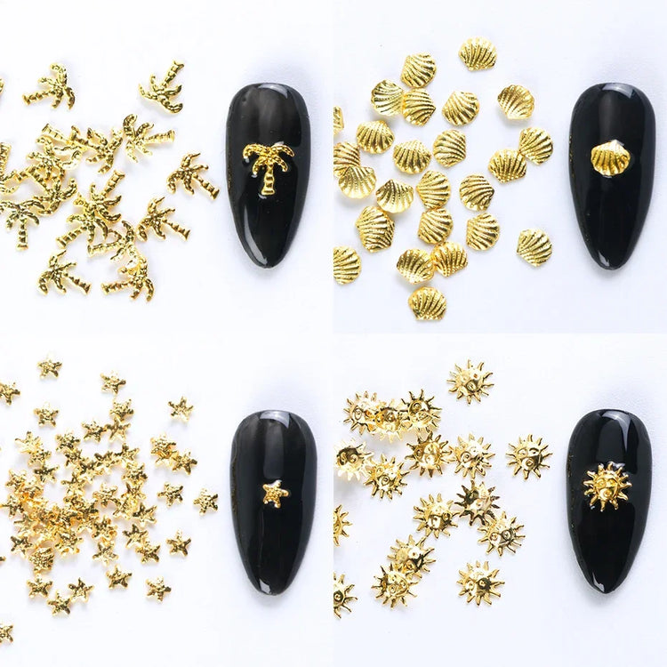 12 Grids Gold Nail Art Alloy Studs Seaside 3D Decorations Sea Shell Star Nail Charm Metal Frame Rivets Nail Sequin Accessories