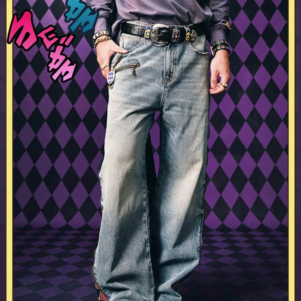 Jeans JoJo Anime con Pannelli Staccabili, Vita Alta, Gamba Larga, Stampa Denim, Viola e Oro, Patchwork, Taglio Dritto, per Uomo e Donna