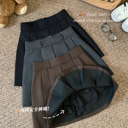 MEXZT Streetwear Woolen Mini Skirt Women Fashion Harajuku with Belt Black Pleated Skirts Fall Winter Preppy Korean A Line Faldas PlatiNum