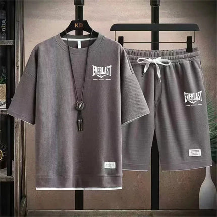Men's Summer Outfit High Quality Round Neck Men's T-shirt 2-Piece Shorts Set Quick Dry Running Leisure.