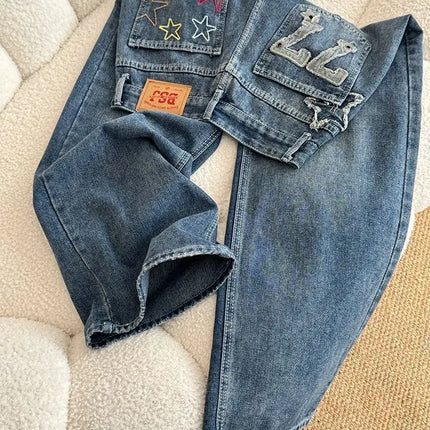 Jeans in denim a vita alta a gamba larga stile street americano con ricamo a stella, nuovo design da donna, pantaloni lunghi dritti e larghi