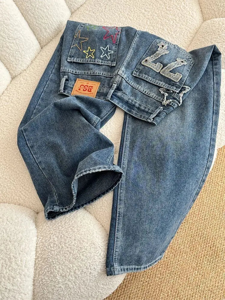 Jeans in denim a vita alta a gamba larga stile street americano con ricamo a stella, nuovo design da donna, pantaloni lunghi dritti e larghi