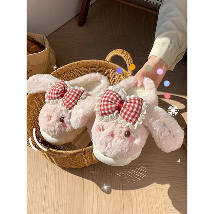 2026 New Women's Cotton Bow Bunny Slippers Winter Indoor Home Warm Household Wool Cotton Shoes Women Wear Indoor Winte