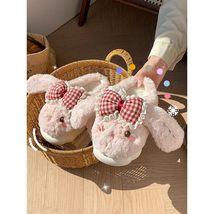 2026 New Women's Cotton Bow Bunny Slippers Winter Indoor Home Warm Household Wool Cotton Shoes Women Wear Indoor Winte