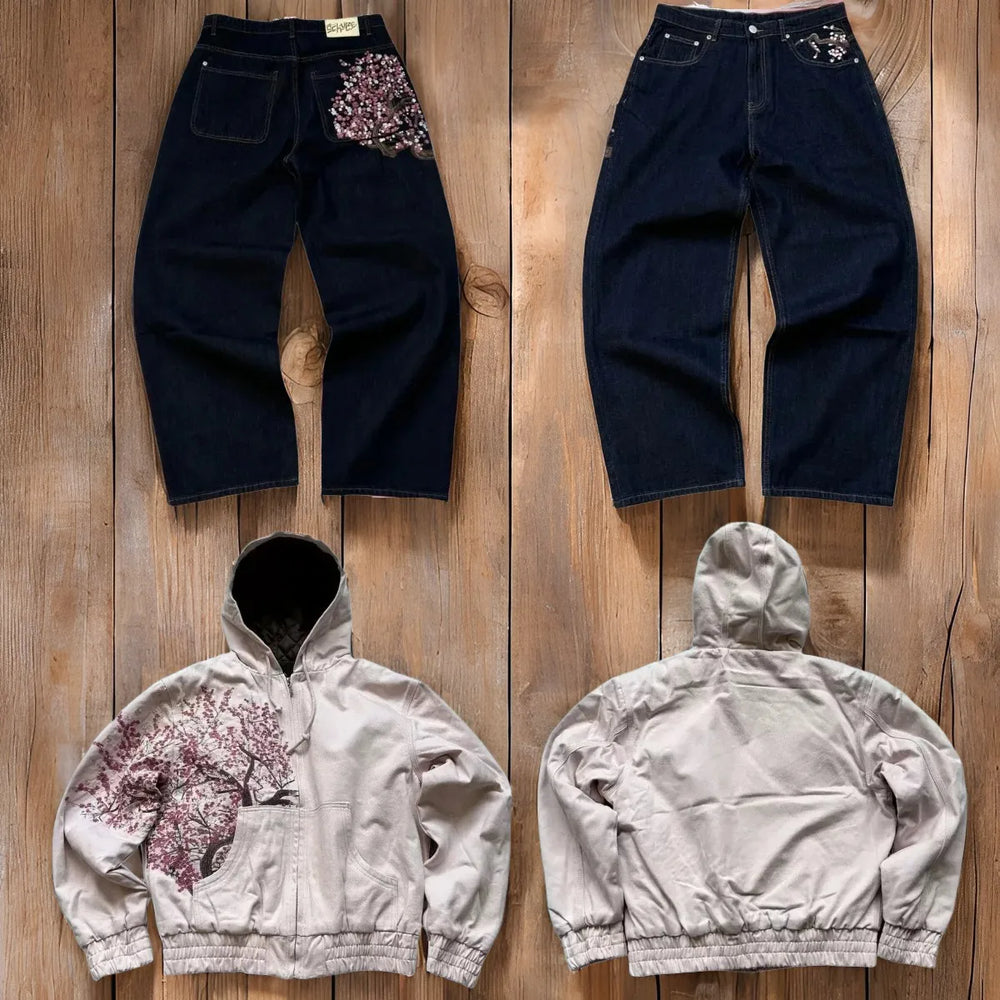 Abito casual retrò vita bassa hip hop fiori di ciliegio jeans ricamati pantaloni a gamba larga y2k abbigliamento jeans larghi ricamati da uomo