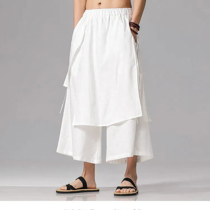 Pantaloni da uomo irregolari in cotone e lino, stile Harajuku, a gamba larga, tinta unita, casual, con elastico in vita, vestibilità ampia, stile punk