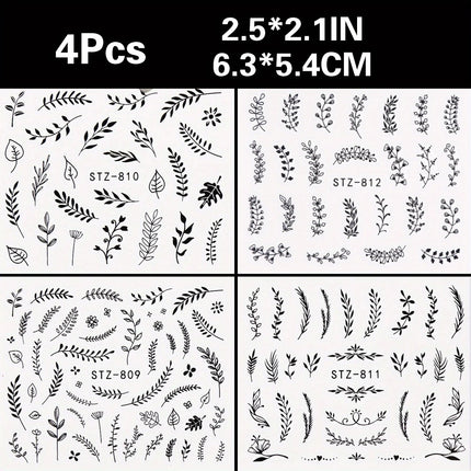 4pcs Nail Art Stickers Black Leaf Flowers Summer Nail Water Decals Sliders Set Wraps Tattoo Designs Decors Manicure