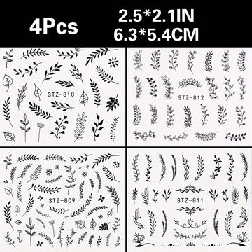 4pcs Nail Art Stickers Black Leaf Flowers Summer Nail Water Decals Sliders Set Wraps Tattoo Designs Decors Manicure