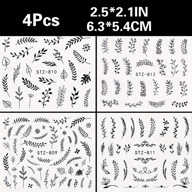 4pcs Nail Art Stickers Black Leaf Flowers Summer Nail Water Decals Sliders Set Wraps Tattoo Designs Decors Manicure