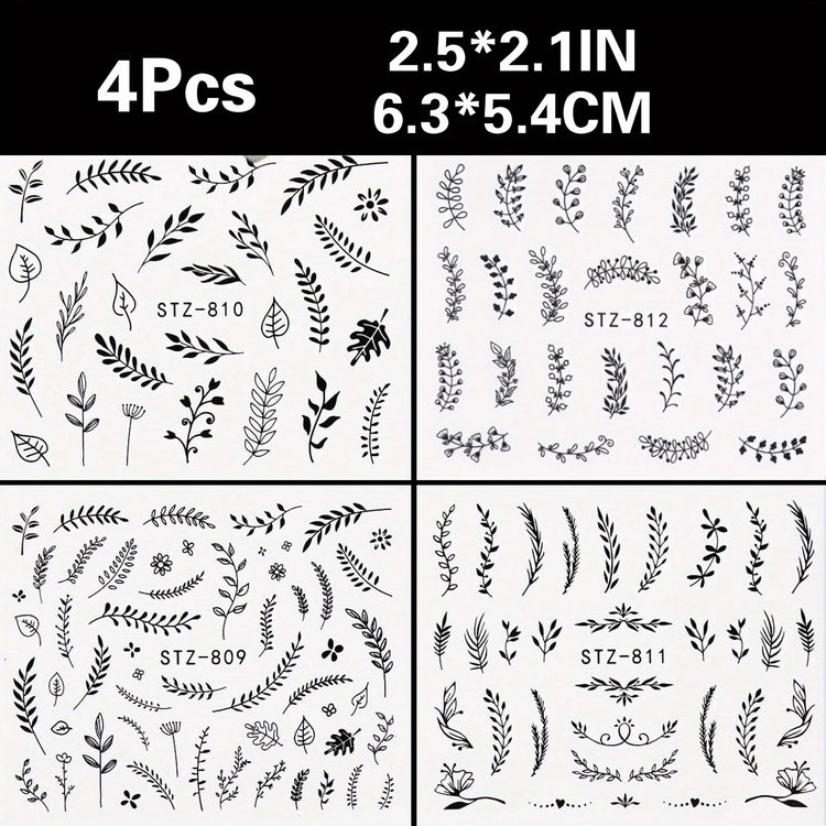 4pcs Nail Art Stickers Black Leaf Flowers Summer Nail Water Decals Sliders Set Wraps Tattoo Designs Decors Manicure