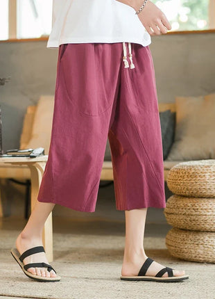 Pantaloni di lino da uomo in stile cinese Pantaloni a gamba larga da uomo con cavallo basso Pantaloni da uomo HipHop Pantaloni al polpaccio Pantaloni da pista Streetwear