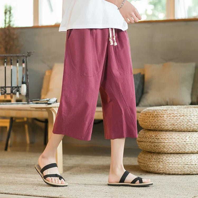 Pantaloni di lino da uomo in stile cinese Pantaloni a gamba larga da uomo con cavallo basso Pantaloni da uomo HipHop Pantaloni al polpaccio Pantaloni da pista Streetwear