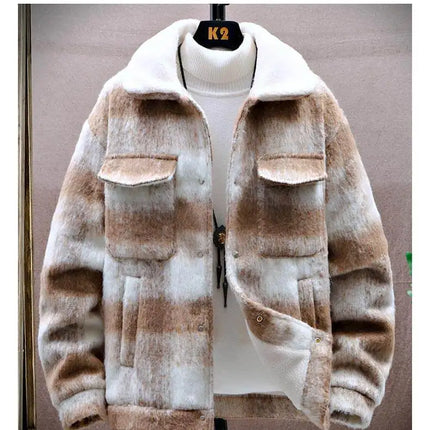 Retro Men's Woolen Coat Winter Add Velvet Keep Warm Jackets Classic Plaid Print Loose Casual Trench Blends Jacket Men Clothing