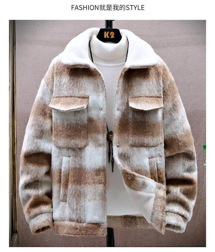 Retro Men's Woolen Coat Winter Add Velvet Keep Warm Jackets Classic Plaid Print Loose Casual Trench Blends Jacket Men Clothing