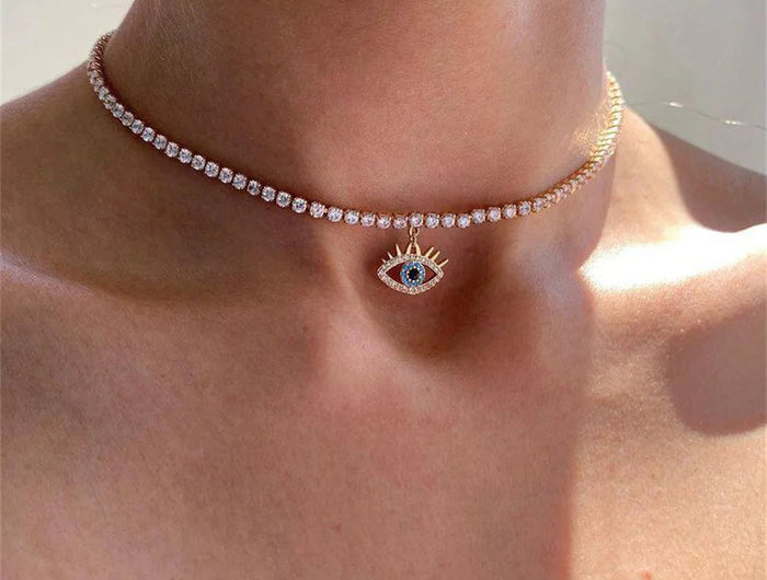 LXY-W Boho Fashion Gold-plate Simple Crystal Chain Eye Pendant Necklace For Women Vintage Female Choker Jewelry Gift Wholesale PlatiNum
