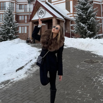 Solid Color Big Fur Collar Tied Woolen Jacket Fashion Waist Cinching Long Sleeved Short Coat 2026 Autumn Street Daily Clothing