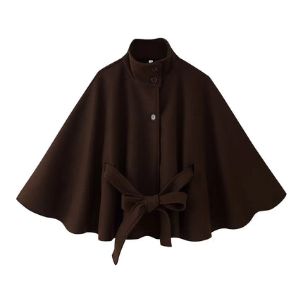 Women's Elegant Midi Cape Coat with Stand Collar Three Quarter Flared Sleeves Solid Color Belted Loose Fit Poncho For Woman