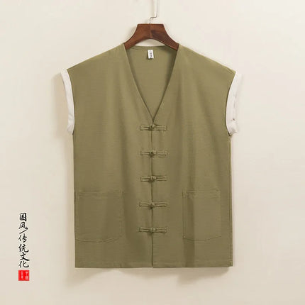 Canotte da Uomo in Cotone Stile Cinese Senza Maniche, Gilet Casual Vintage con Scollo a V, Traspiranti Estivi, Vestibilità Ampia
